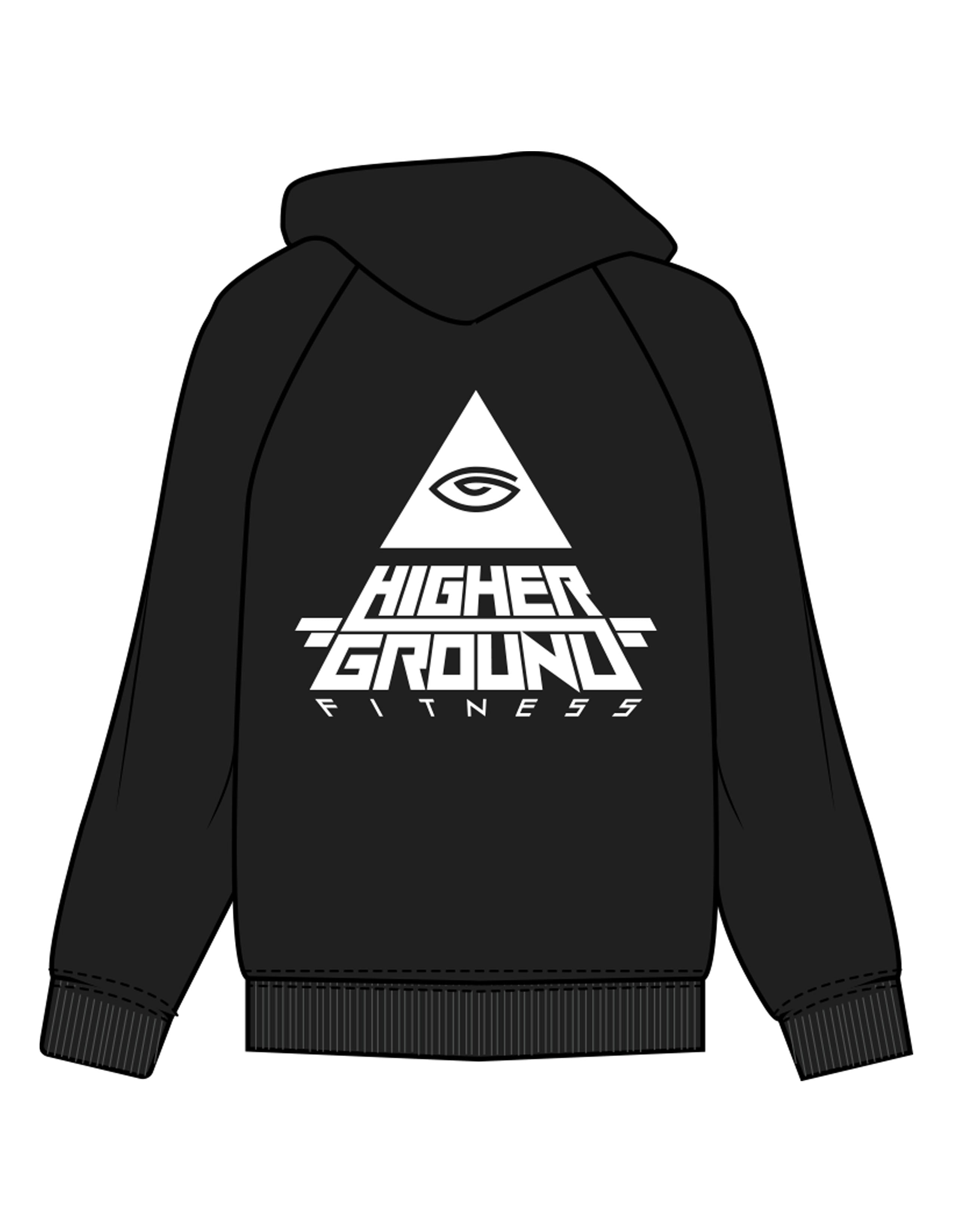 The Womens Zip Hoodie - Black - Higher Ground - Left Chest Cube & Back Pyramid Stacked - Printed - White