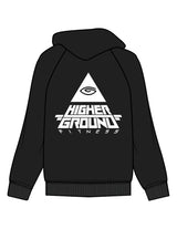 The Womens Zip Hoodie - Black - Higher Ground - Left Chest Cube & Back Pyramid Stacked - Printed - White
