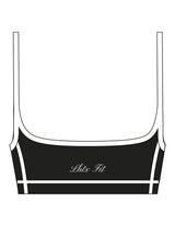 The Piped Scoop Sports Bra - Black - LHTX Fitness - Center Back - Printed - White