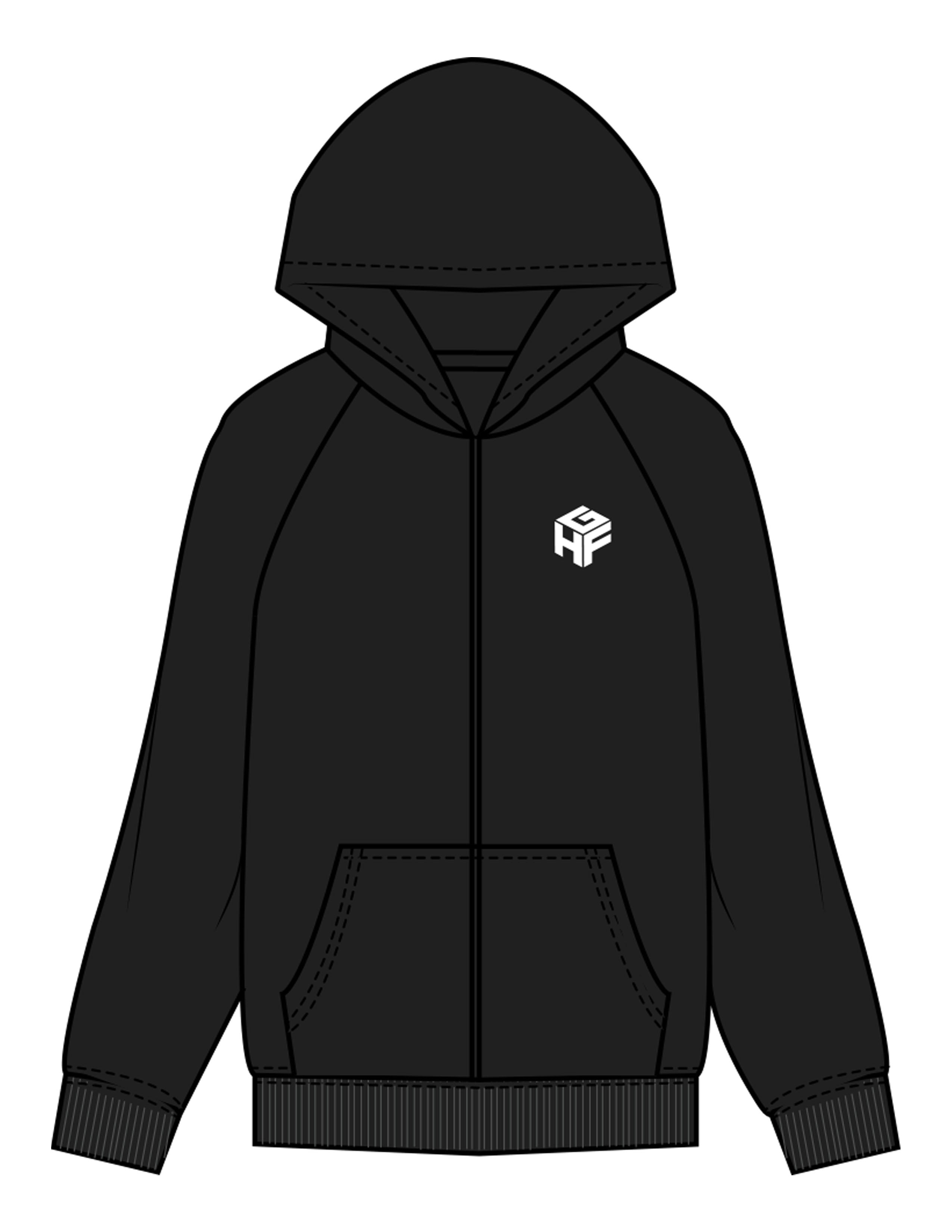 The Womens Zip Hoodie - Black - Higher Ground - Left Chest Cube & Back Pyramid Stacked - Printed - White