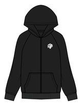 The Womens Zip Hoodie - Black - Higher Ground - Left Chest Cube & Back Pyramid Stacked - Printed - White
