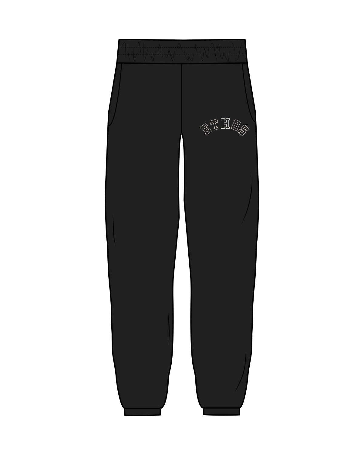 The Womens Sweatpants - Black - TEAM ETHOS - Left Leg Arc - Puff Embroidered - Bone
