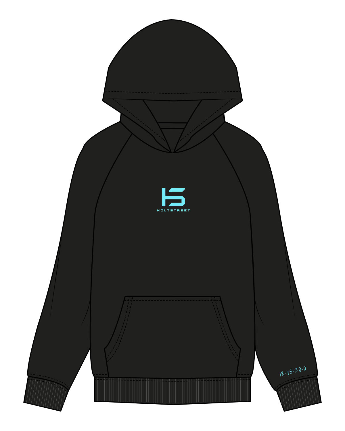 The Mens Hoodie - Black - Holt Street - Center Chest Stacked & Left Cuff - Printed - Tiffany Blue