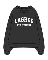 The Mens Crewneck - Washed Black - Lagree Fit Studio - Center Chest Stacked - Back Center Stacked - Printed - White