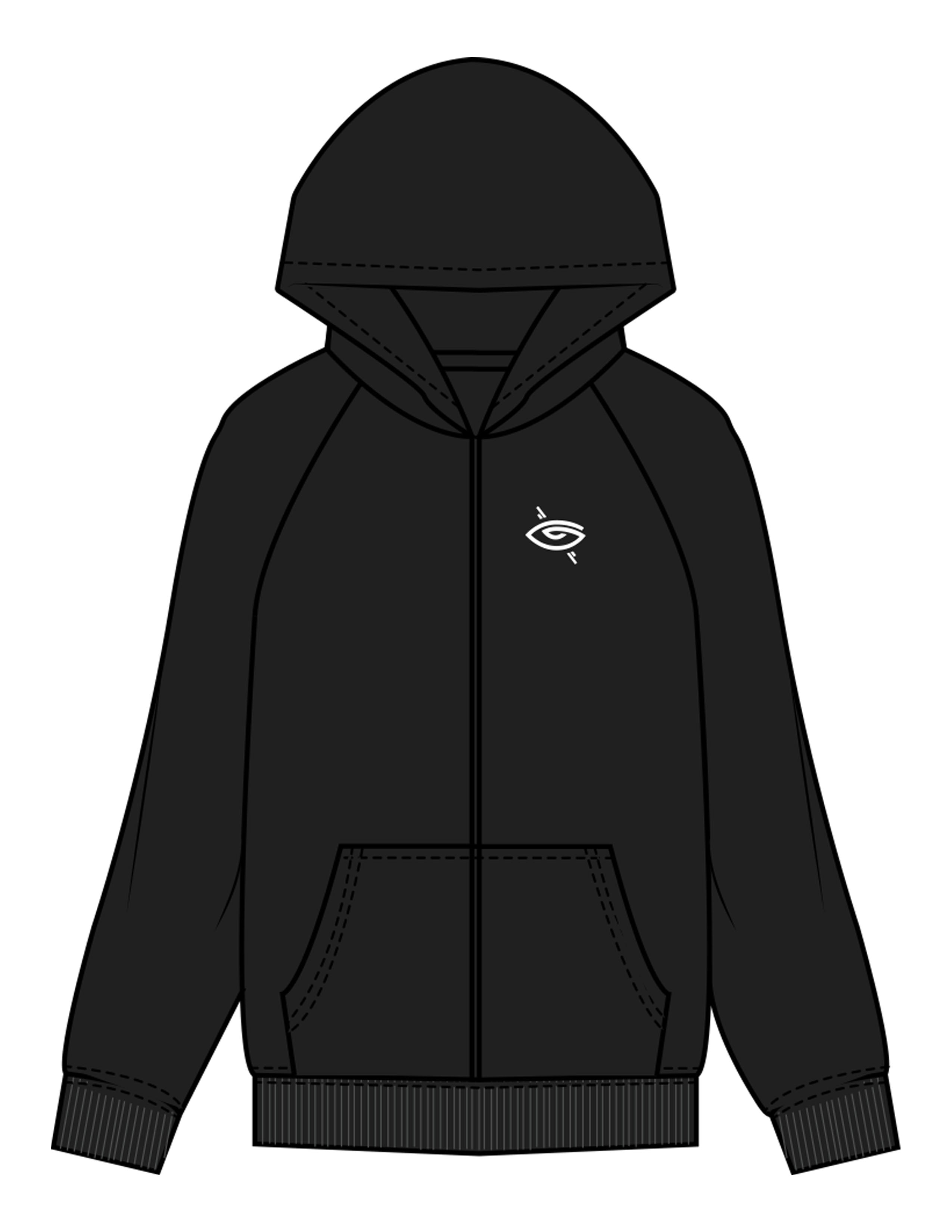 The Womens Zip Hoodie - Black - Higher Ground - Left Chest Eye & Back Pyramid Stacked - Printed - White