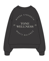 The Mens Crewneck - Washed Black - Tone Wellness Studio - Left Chest Stacked & Back - Embroidered - White