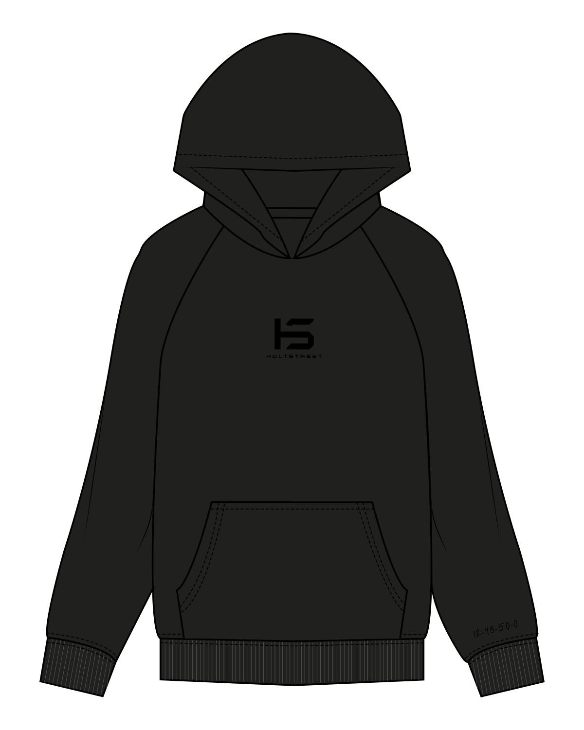 The Mens Hoodie - Black - Holt Street - Center Chest Stacked & Left Cuff - Printed - Tone on Tone