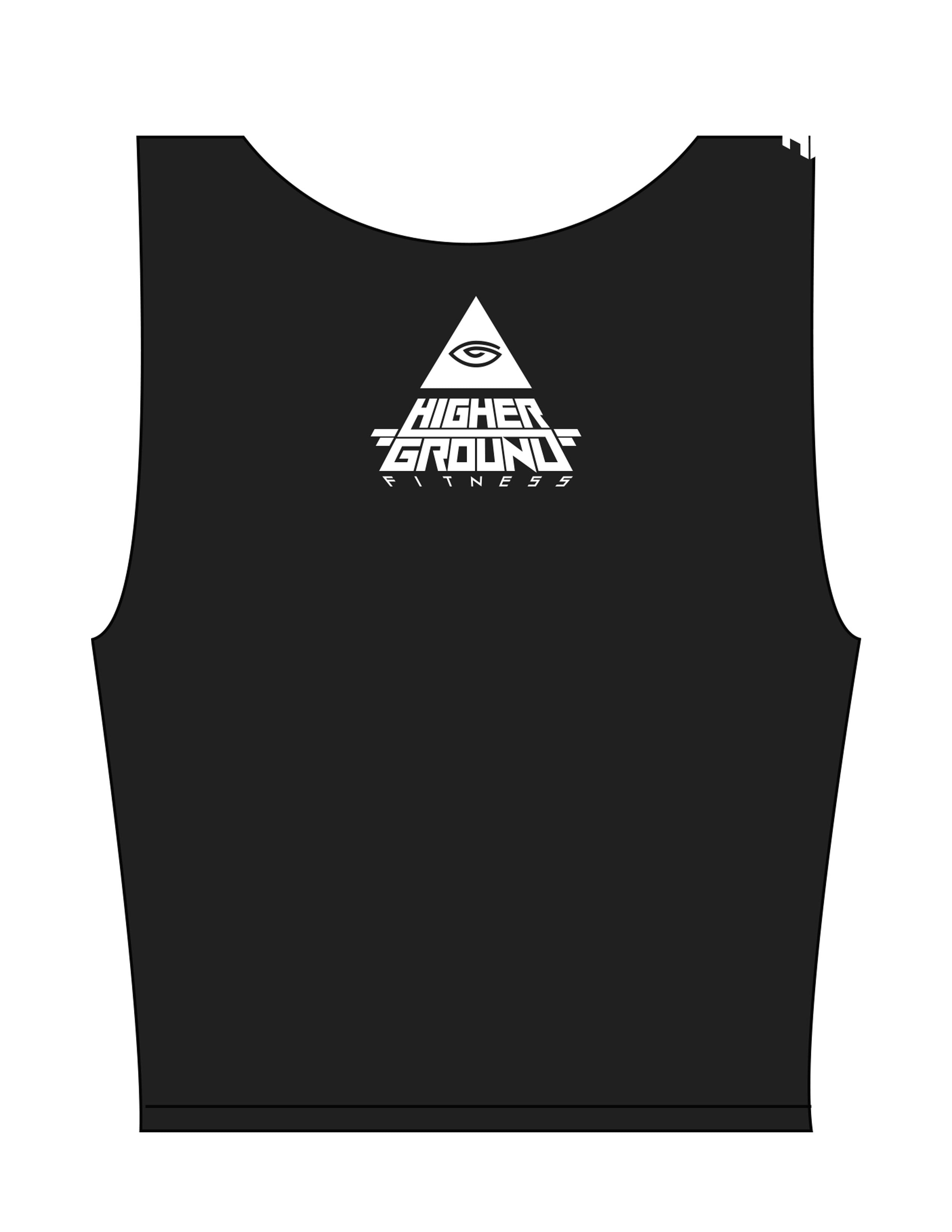 The Square Neck Tank - Black - Higher Ground - Upper Back Pyramid Stacked - Printed - White