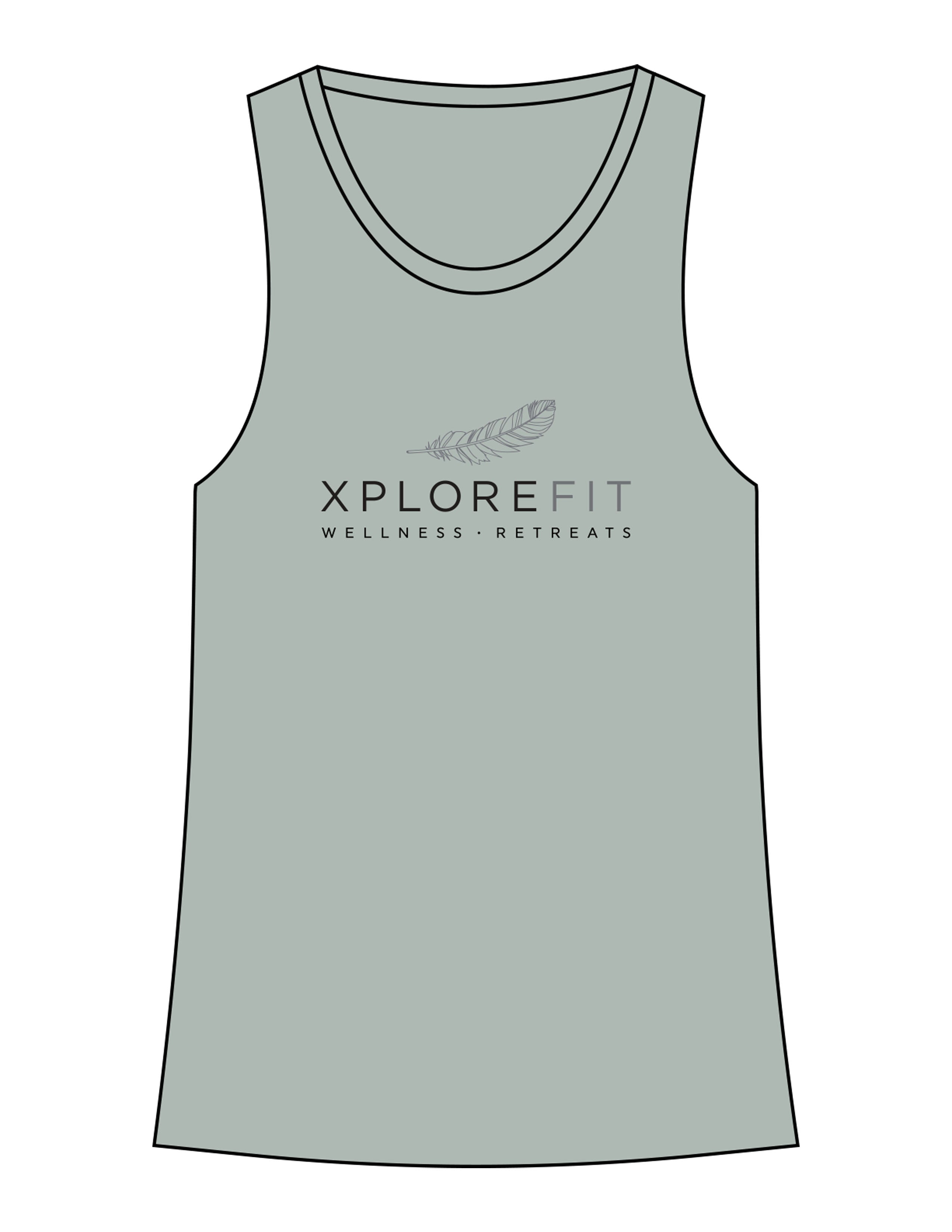 The Crop Muscle Racerback - Heather Dusty Blue - XPLOREFIT - Center Chest Stacked - Printed - Full Color