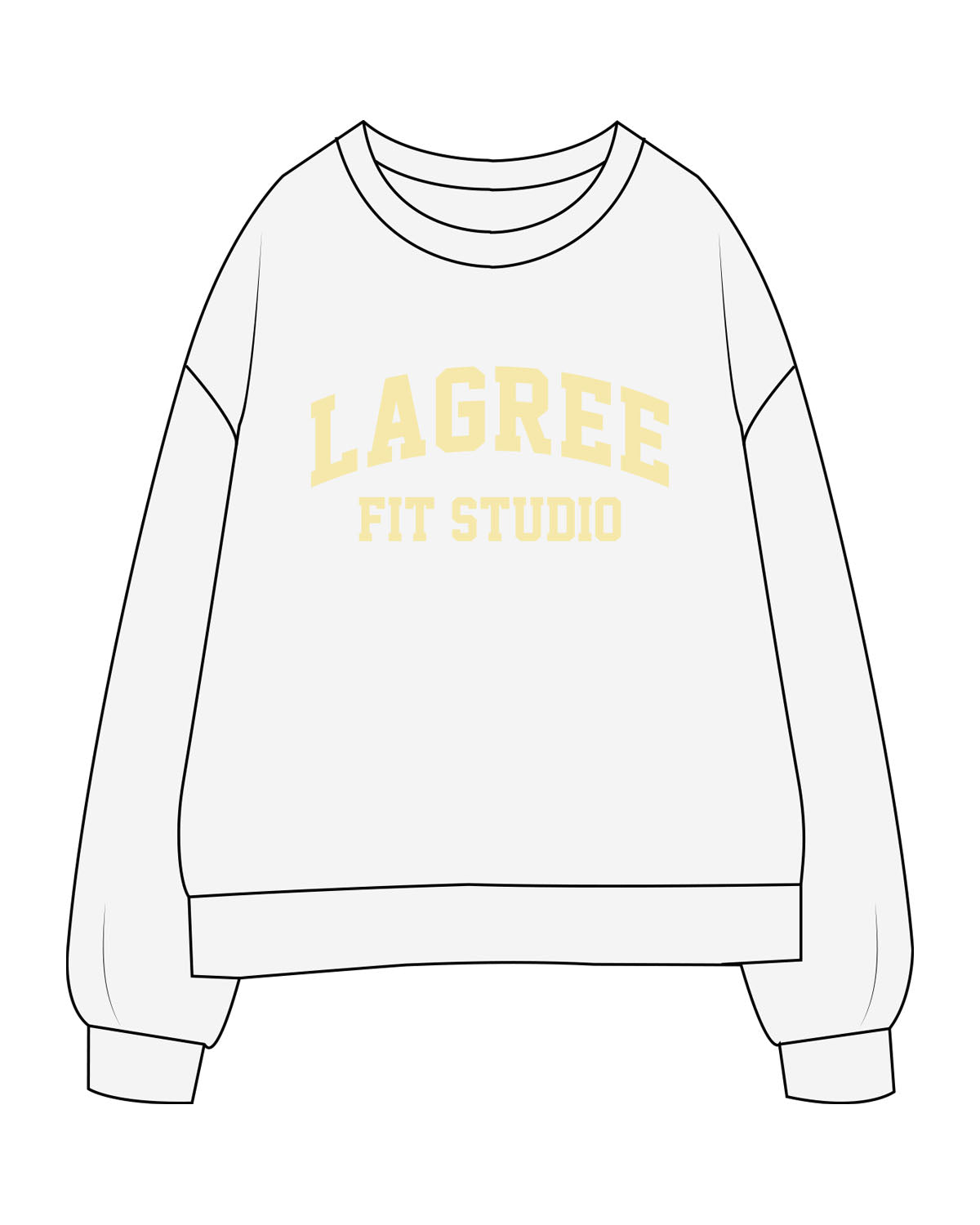 The Mens Classic Crewneck - White Heather - Lagree Fit Studio - Center Chest Stacked - Back Center Stacked - Printed - Butter Yellow