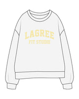 The Mens Classic Crewneck - White Heather - Lagree Fit Studio - Center Chest Stacked - Back Center Stacked - Printed - Butter Yellow