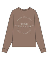 The Unisex Midweight Long Sleeve - Espresso - Tone Wellness Studio - Left Chest Stacked & Back - Printed - Off White