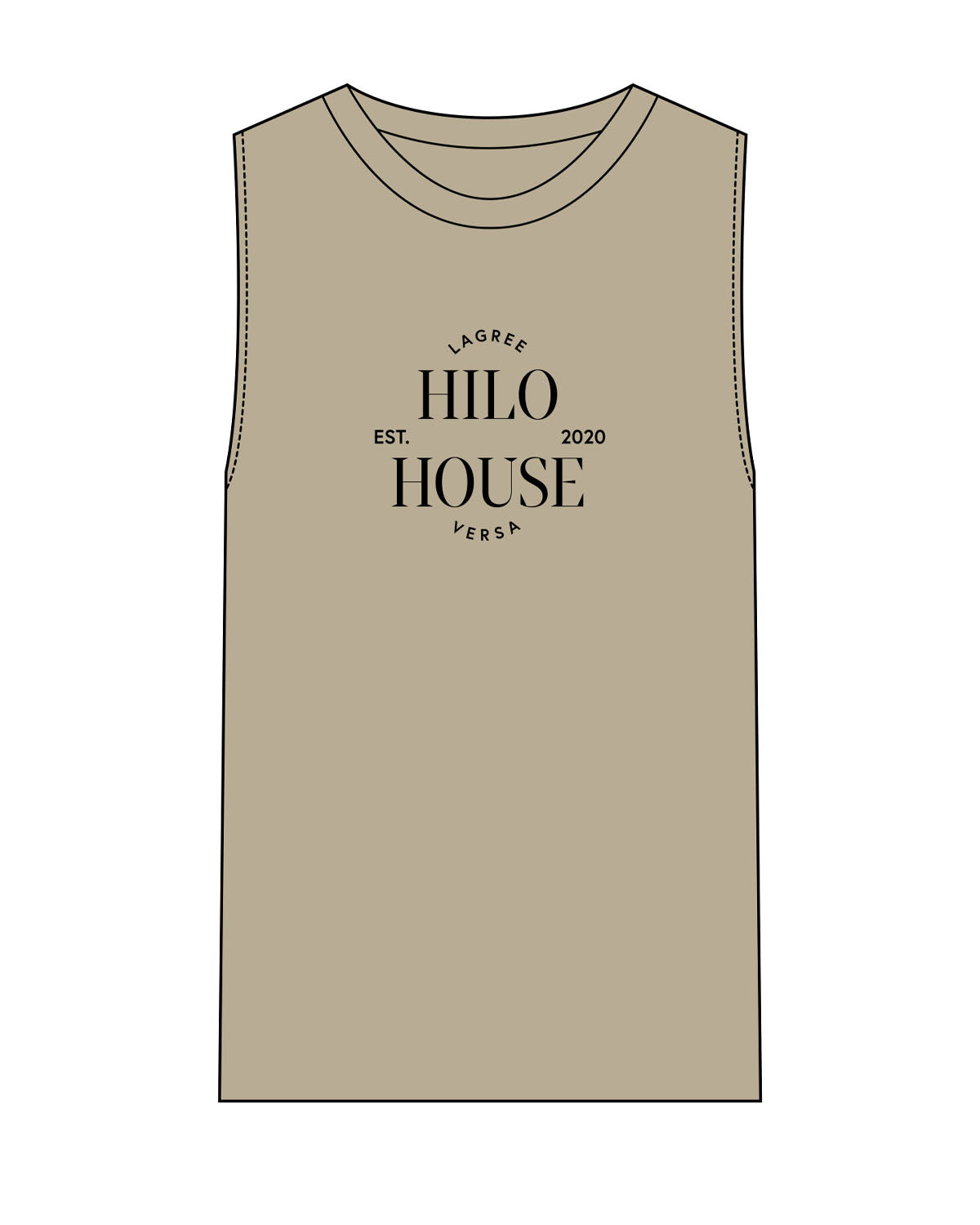 The Mens Heavyweight Tank - Washed Khaki - HiLo - Center Chest - Black Printed