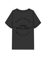 The Mens Heavyweight Tee - Washed Black - Tone Wellness Studio - Left Chest Stacked & Back - Printed - Black