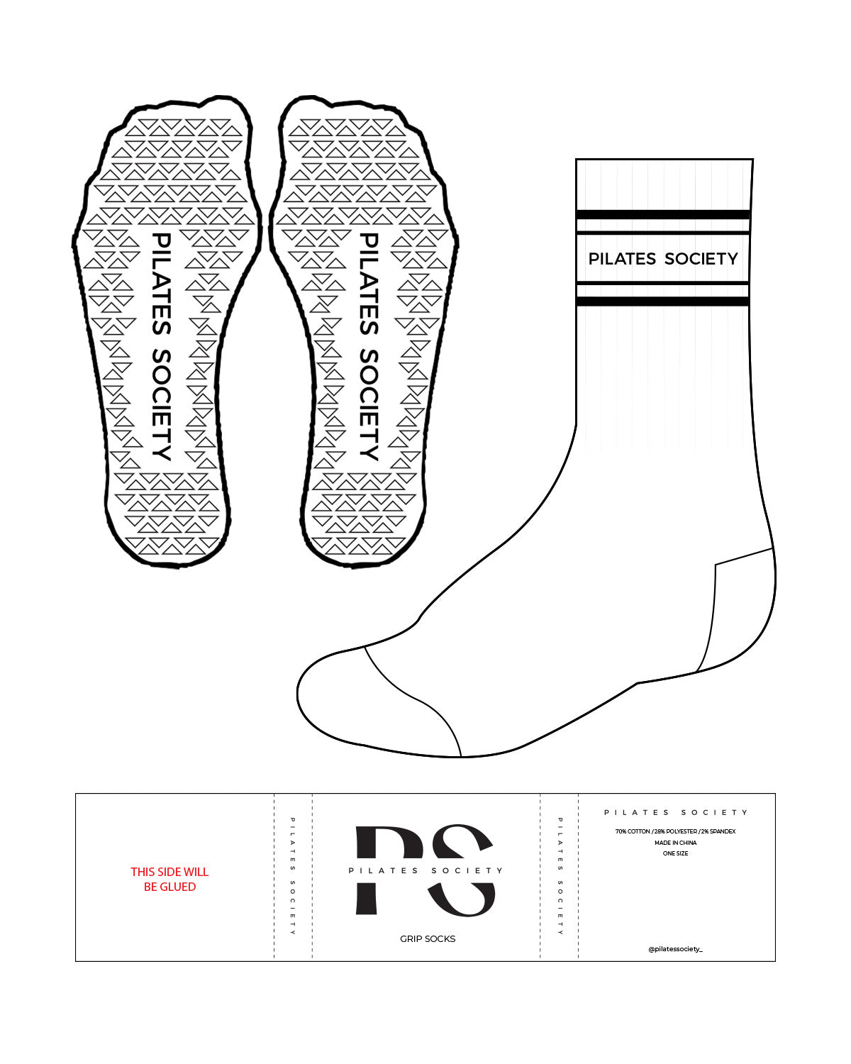The Crew Grip Sock - White - Pilates Society - Triangle Grip - Black