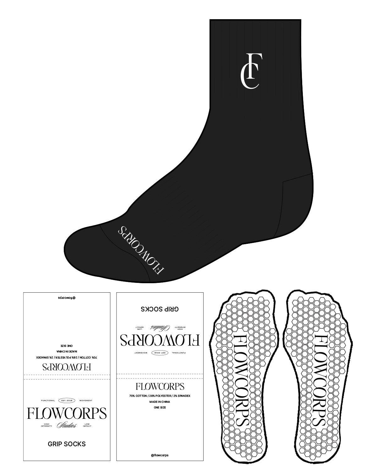 The 3/4 Crew Sock - Black - Flowcorps - Tip & Top - White Hexagon Grip - White
