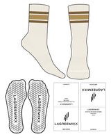 The Crew Sock - Off White - LagreeMixx - Toe & Border on Ankle - Transparent Hexagon Grip - Full Color Brown