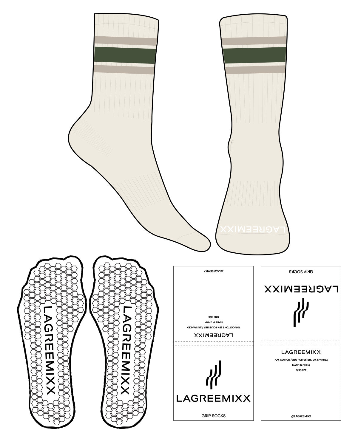 The Crew Sock - Off White - LagreeMixx - Toe & Border on Ankle - Transparent Hexagon Grip - Full Color  2 Tone