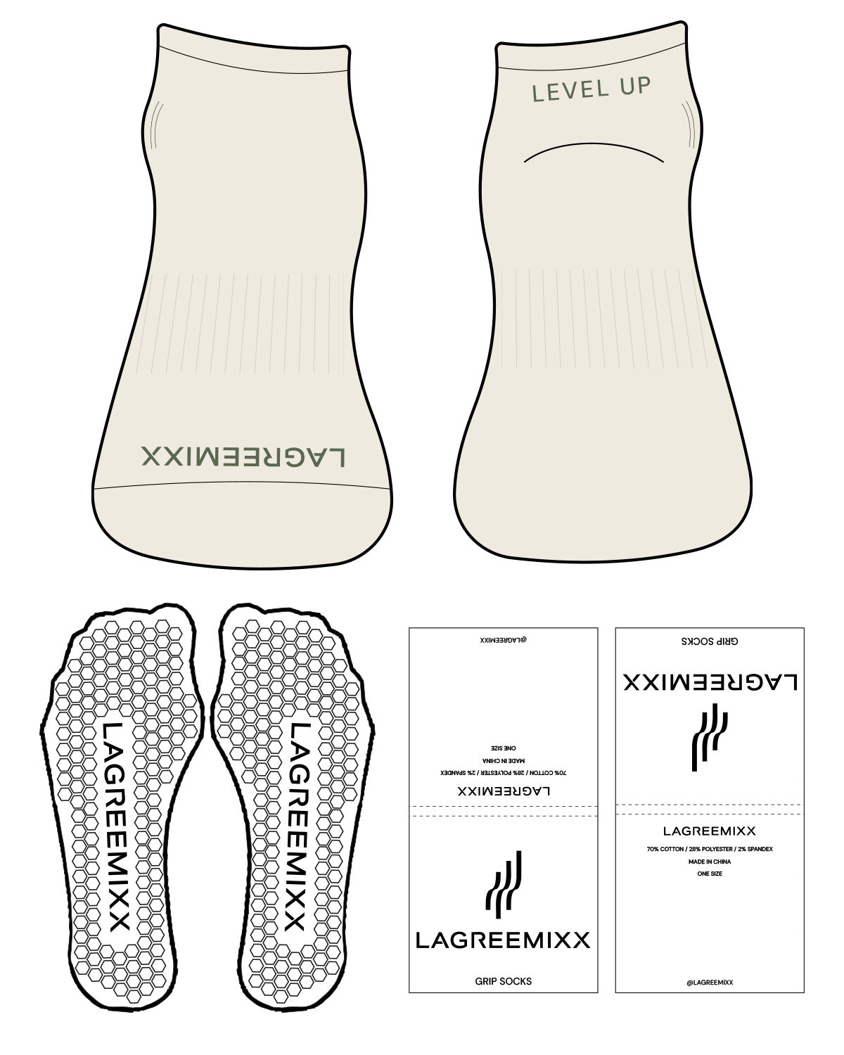 The Ankle Sock - Off White - LagreeMixx - Toe & Top " LEVEL UP " - Green Hexagon Grip - Green