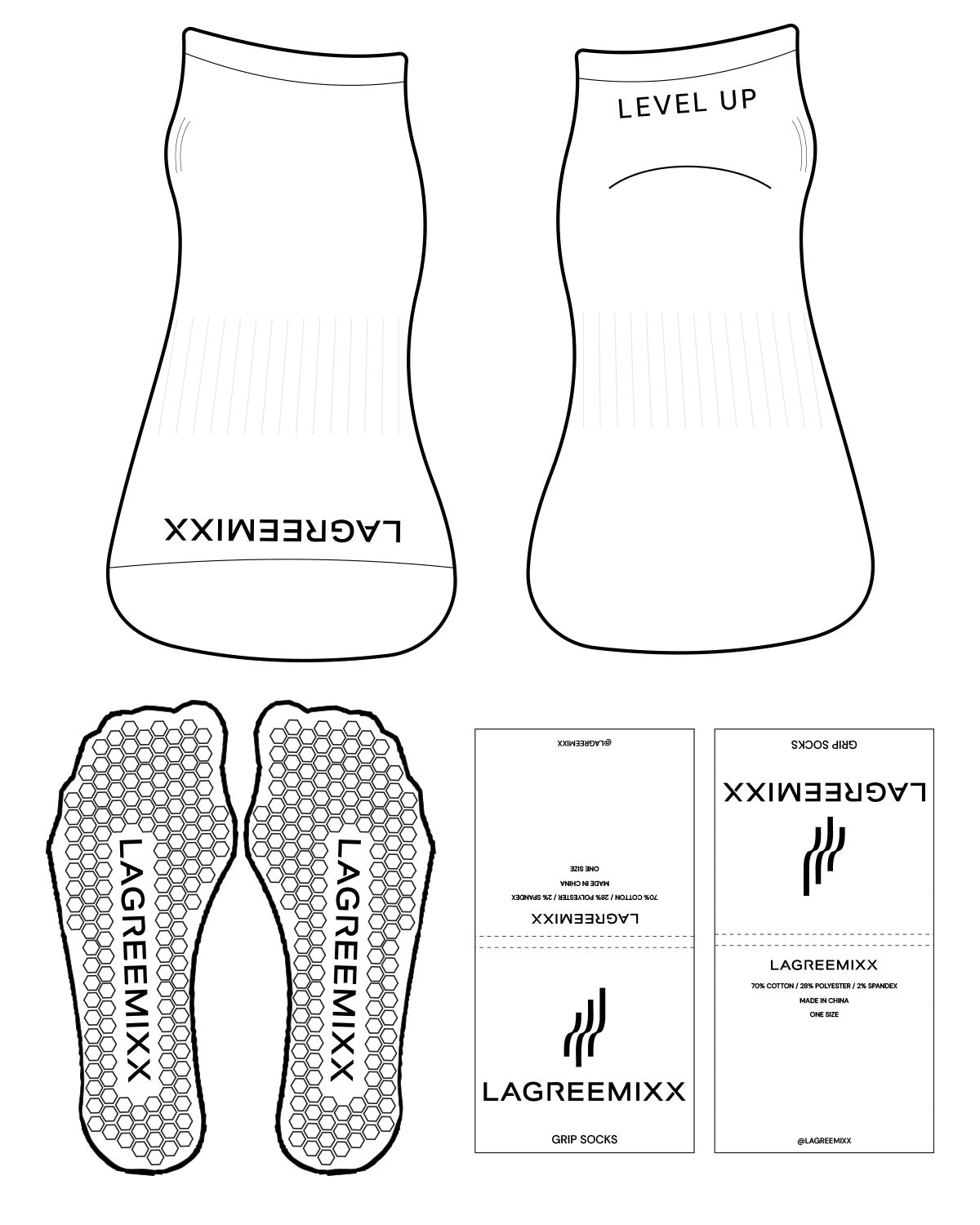 The Ankle Sock - White - LagreeMixx - Toe & Top " LEVEL UP " - Black Hexagon Grip - Black