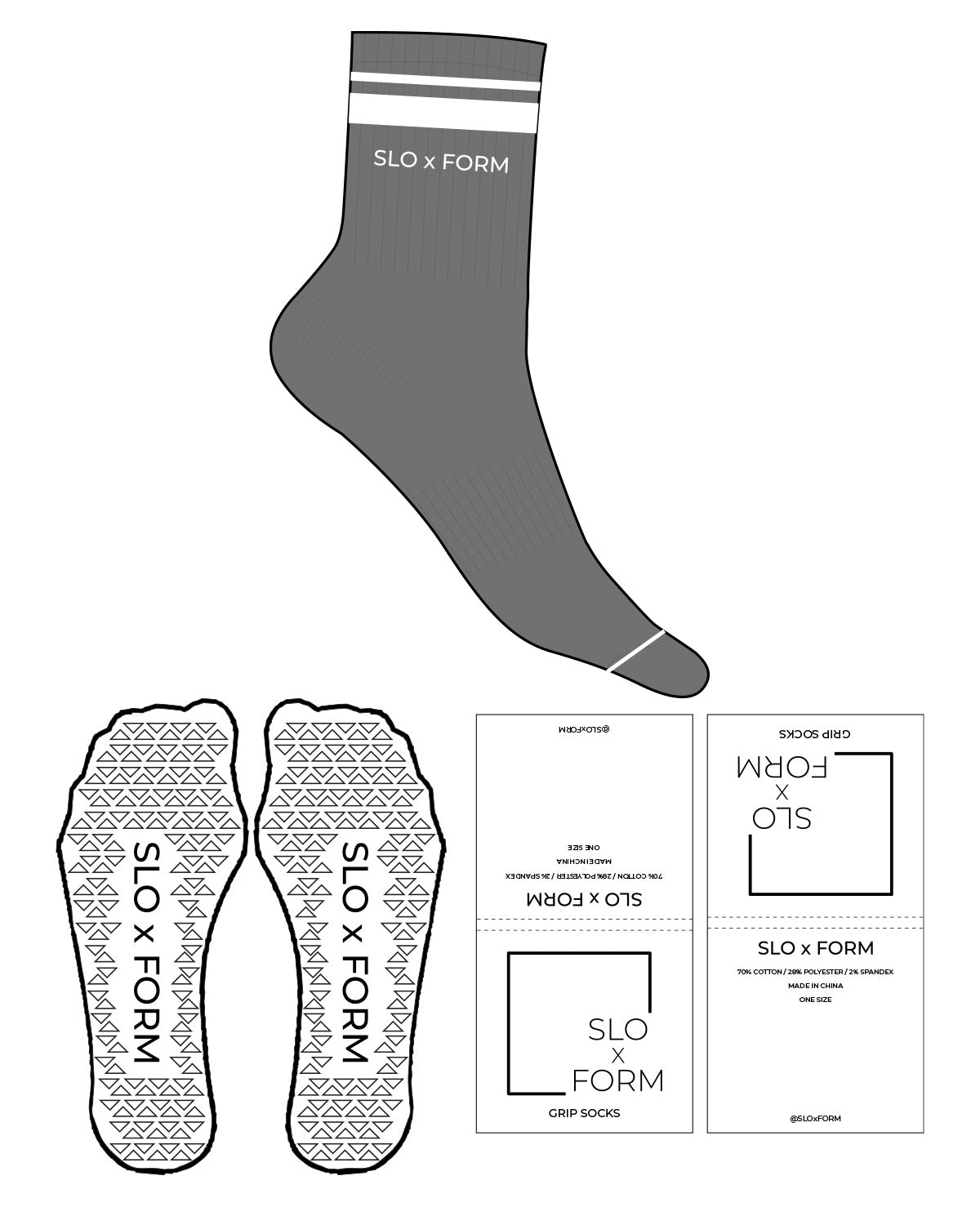 The 3/4 Crew Sock - Charcoal - Slo x Form - Side with Thick Stripe - Transparent Triangle Grip  - White