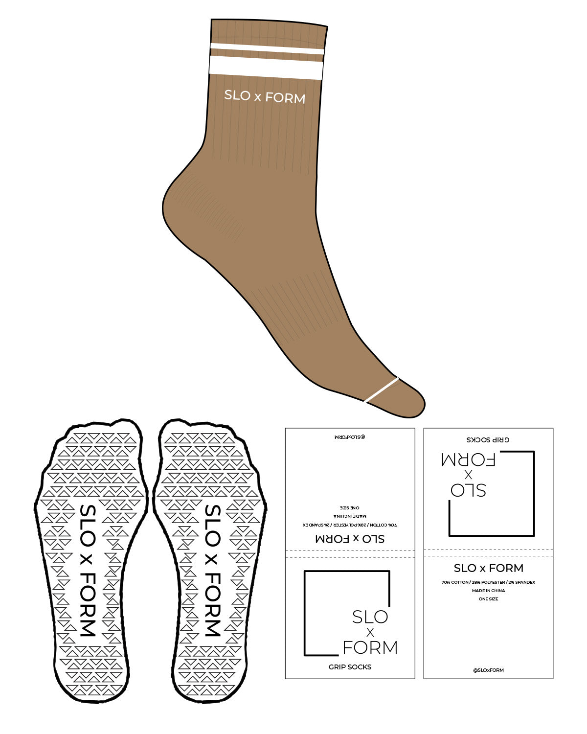 The 3/4 Crew Sock - Caramel - Slo x Form - Side with Thick Stripe - Transparent Triangle Grip  - White