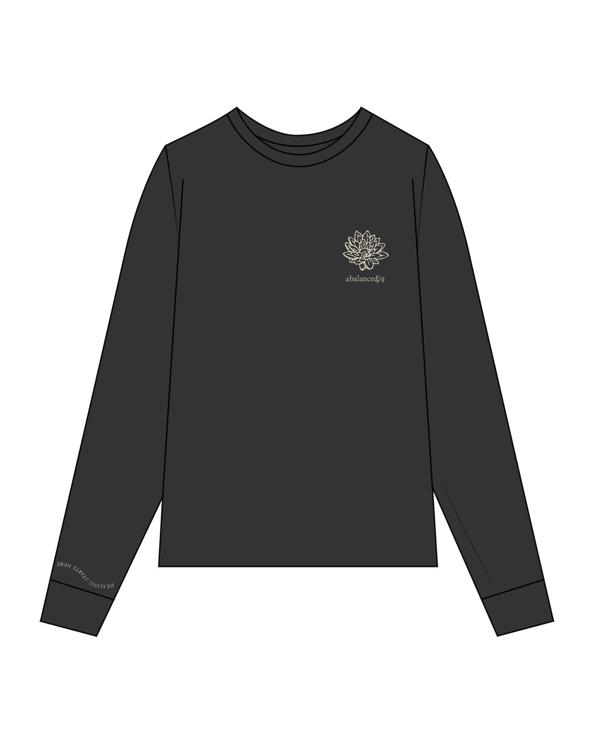 The Womens Heavyweight Long Sleeve - Washed Black - Balanced Self - Left Chest & Right Wrist - Printed - Off White