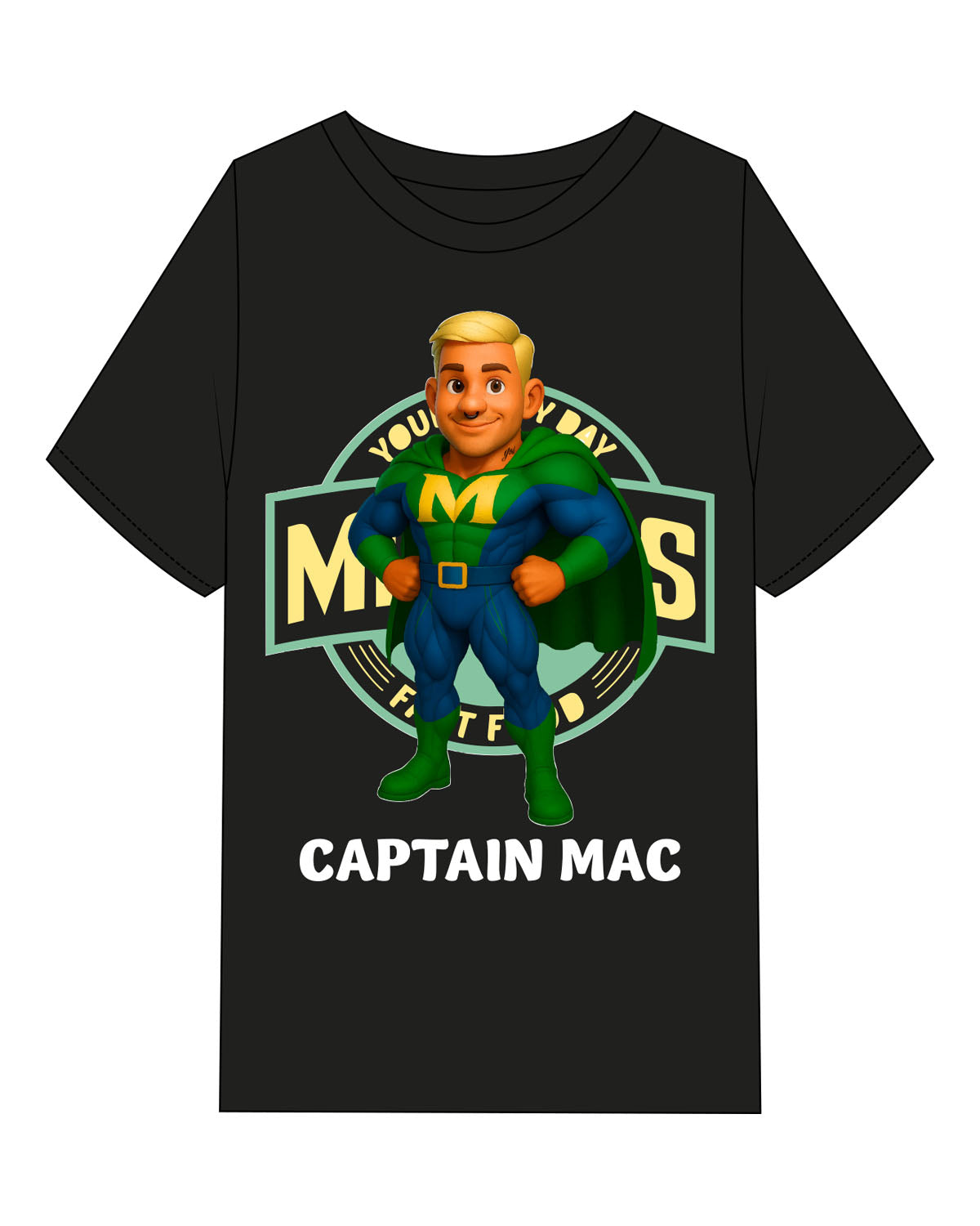The Womens Heavyweight Tee - Black - Macros - Front Image "CAPTAIN MAC" - Printed - Full Color