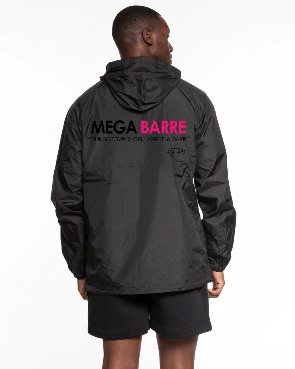 The Mens Windbreaker - Black - Megabarre - Left Chest & Back Stacked - Printed - Black/Pink