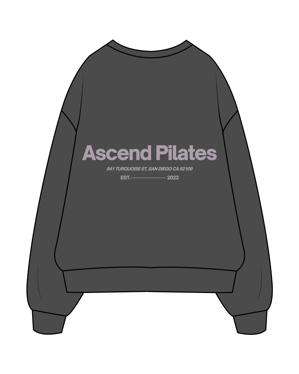 The Womens Crewneck - Washed Black - Ascend Pilates - Center Chest, Left Sleeve & Center Back Stacked - Full Color