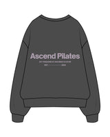 The Womens Crewneck - Washed Black - Ascend Pilates - Center Chest, Left Sleeve & Center Back Stacked - Full Color