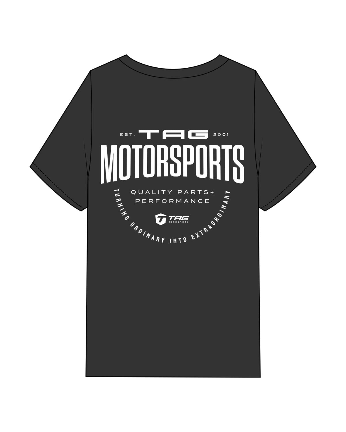The Mens Heavyweight Tee - Washed Black - Tag MotorSports - Left Chest Round & Back Center Stacked - White