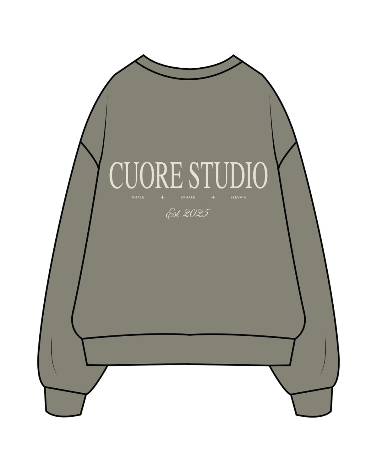 The Mens Crewneck - Cypress - Cuore Pilates Studio - Left Chest - Embroidered - Bone - Back Logo Stacked "STUDIO" - Printed - Bone