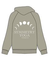 The Womens Heavyweight Hoodie - Eucalyptus  - Symmetry Yoga - Left Chest Arc - Back Center Stacked - Printed - White