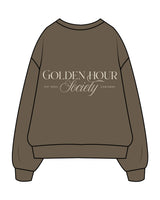 The Mens Classic Crewneck - Walnut - Golden Hour Pilates -Left Chest - Back Stacked - Printed - Off White