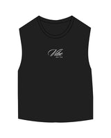 The Micro Rib Basic Crop Tank - Black - Vibe MVMT - Center Chest Stacked - Printed - White