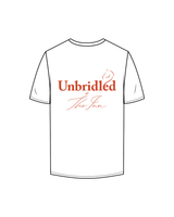 The Mens Tee - White - Unbridled - Left Chest / Back - Orange