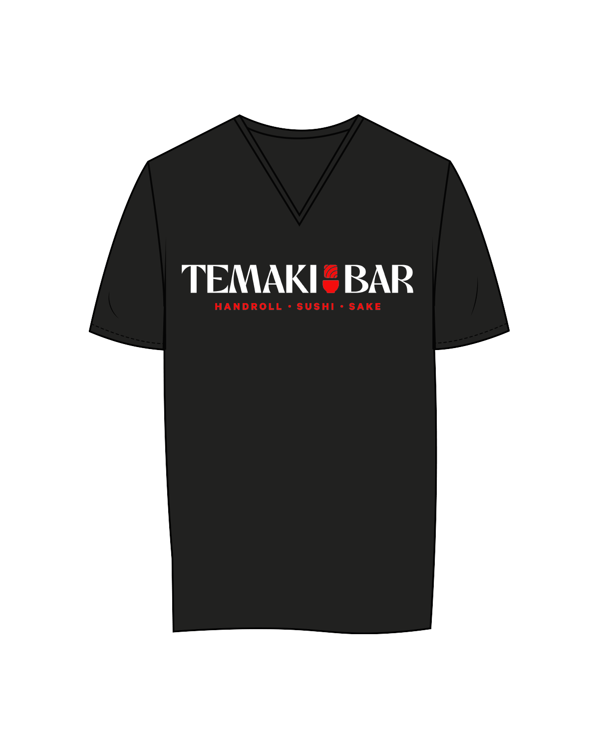 The Womens V Neck Tee - Black - Temaki Bar - Center Chest - Full Color