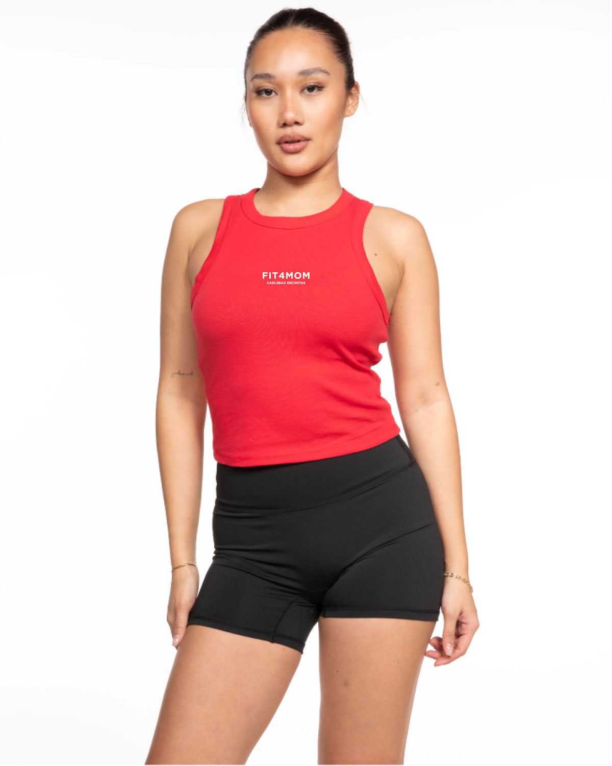 The Micro Rib Racer Crop - Red - Fit 4 Moms - Encinitas / Carlsbad - Left Chest Stacked - Back Stacked - Printed - White