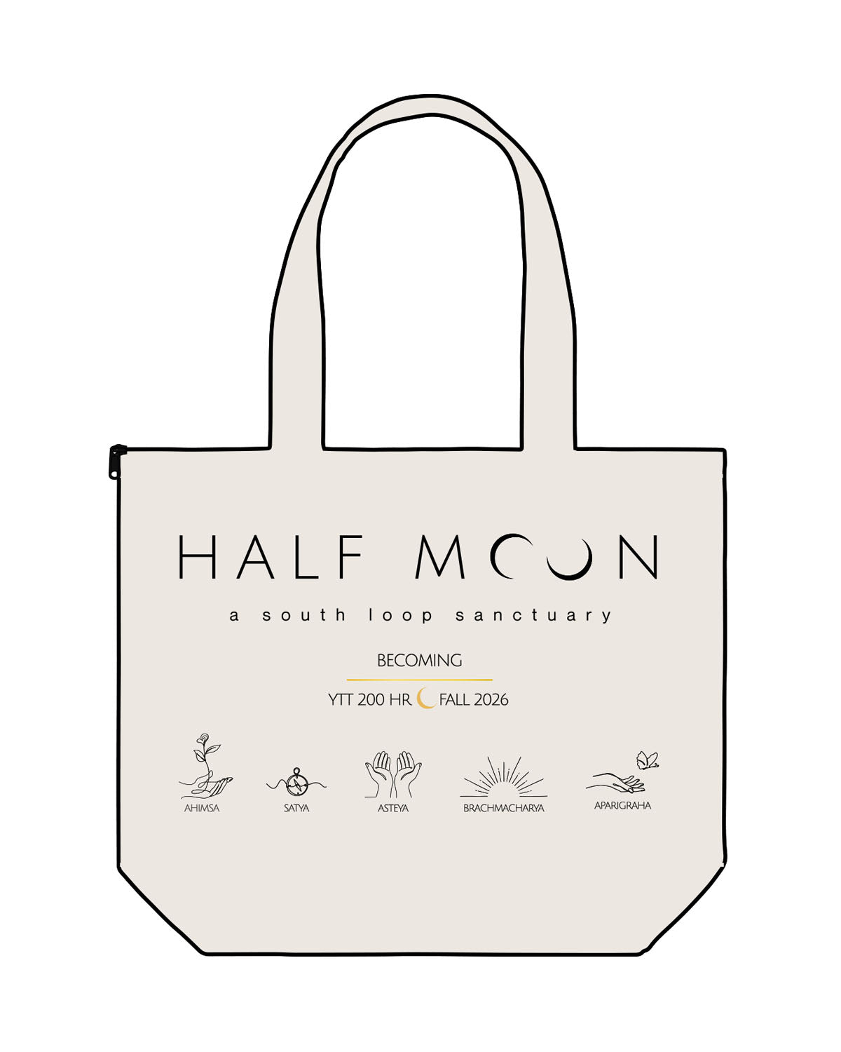 The Zipper Tote Bag - Natural - Half Moon Yoga - Full Center - Back - Moon - e7b95c - Printed - Full Color