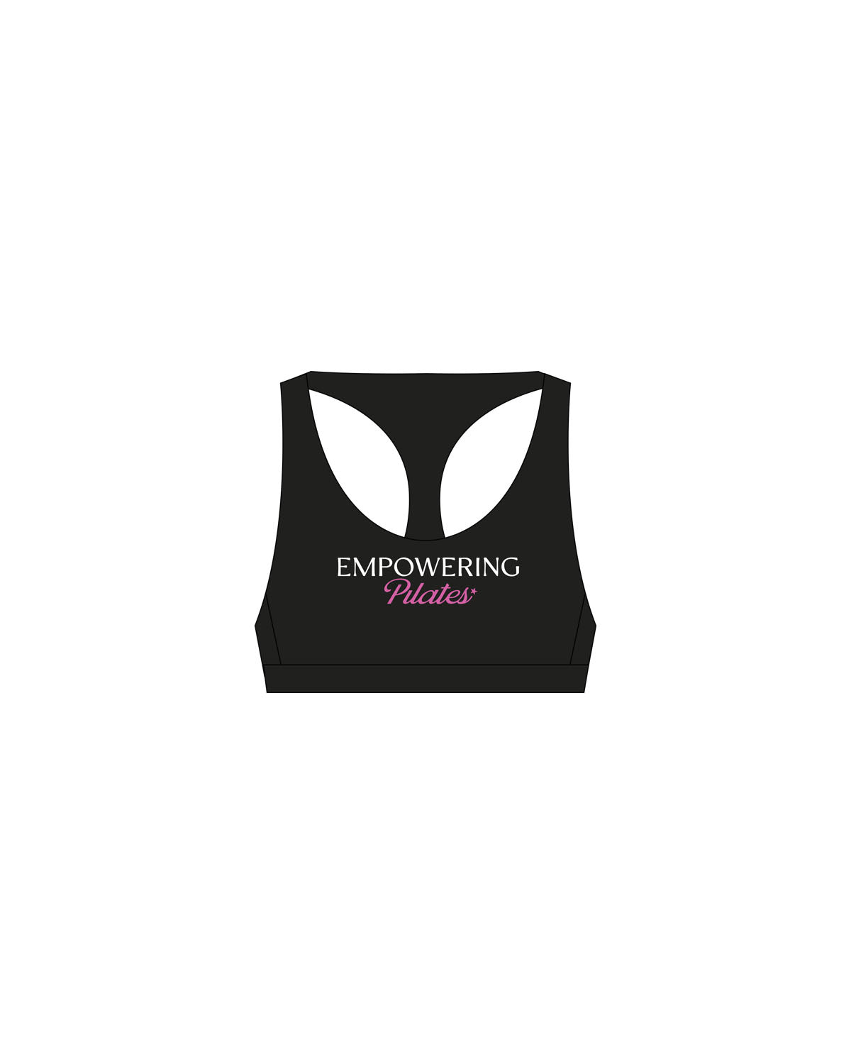 The Racer Bra - Black -  Empowering Pilates - Center Chest & Center Back - Printed - Full Color