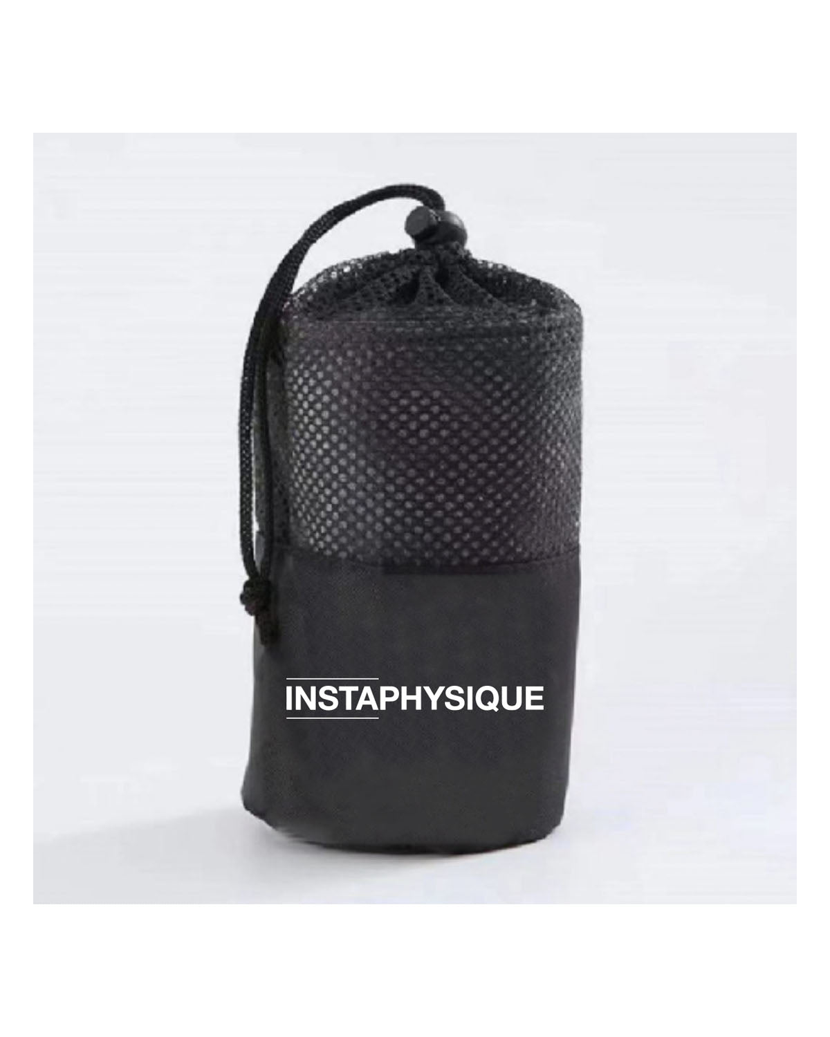 The Gym Towel - Black - Instaphysiques - Bottm Right Corner Stacked - Embroidered - White - THE GYM TOWEL BAG - Black - Center Body - Printed White