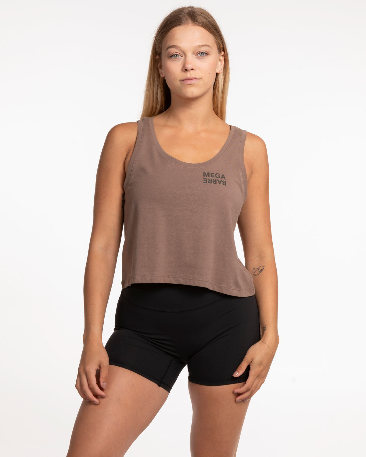 The Crop Tank - Cacao - Megabarre - Left Chest Stacked & Center Back Stacked - Tone on Tone