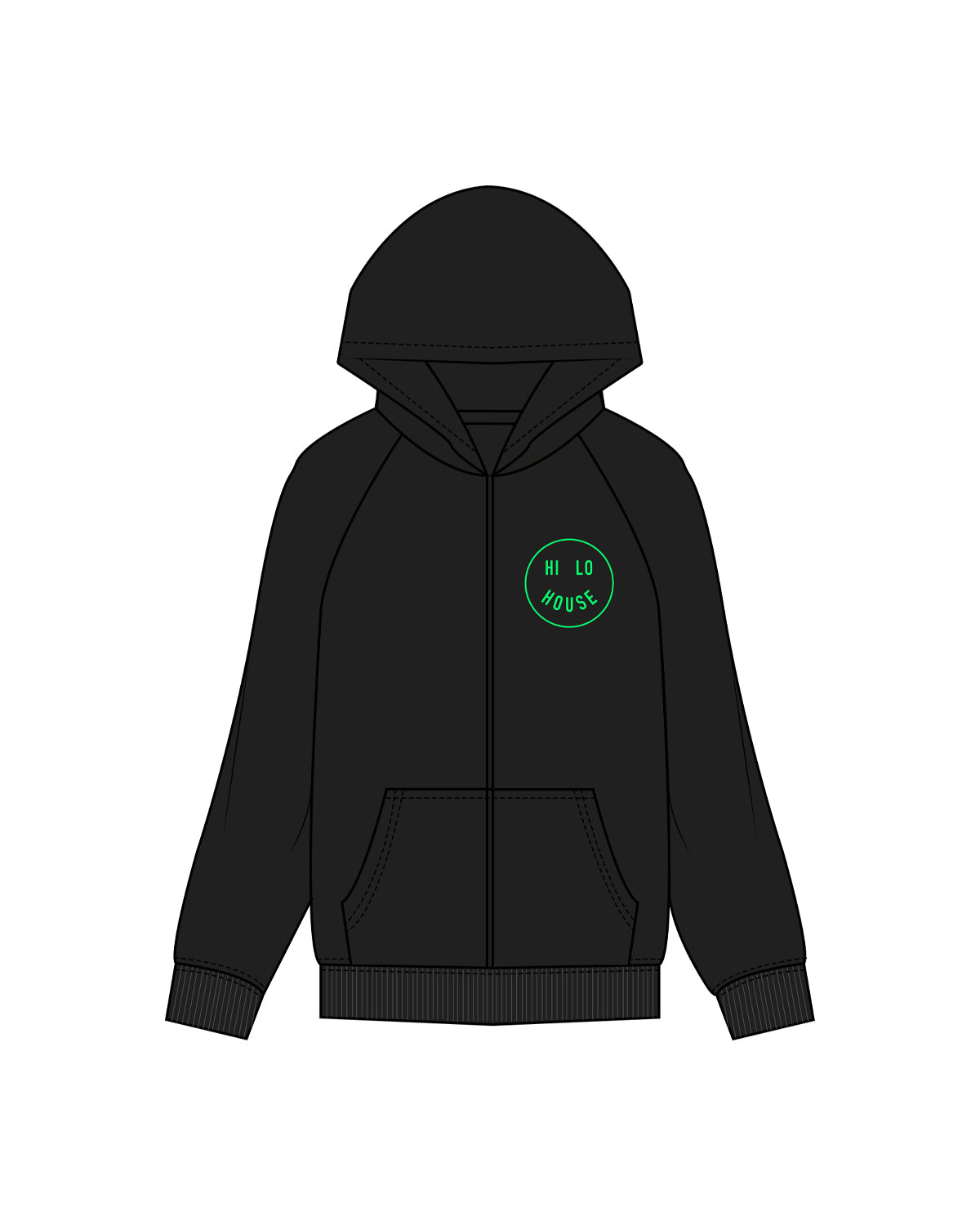 The Womens Zip Hoodie - Black - Hilo House - Left Chest & Back Center Stacked - Full Color