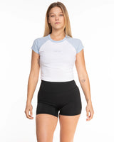 The Micro Rib Baby Tee - White / Baby Blue - M4Lagree - Center Chest - Printed - Light Blue