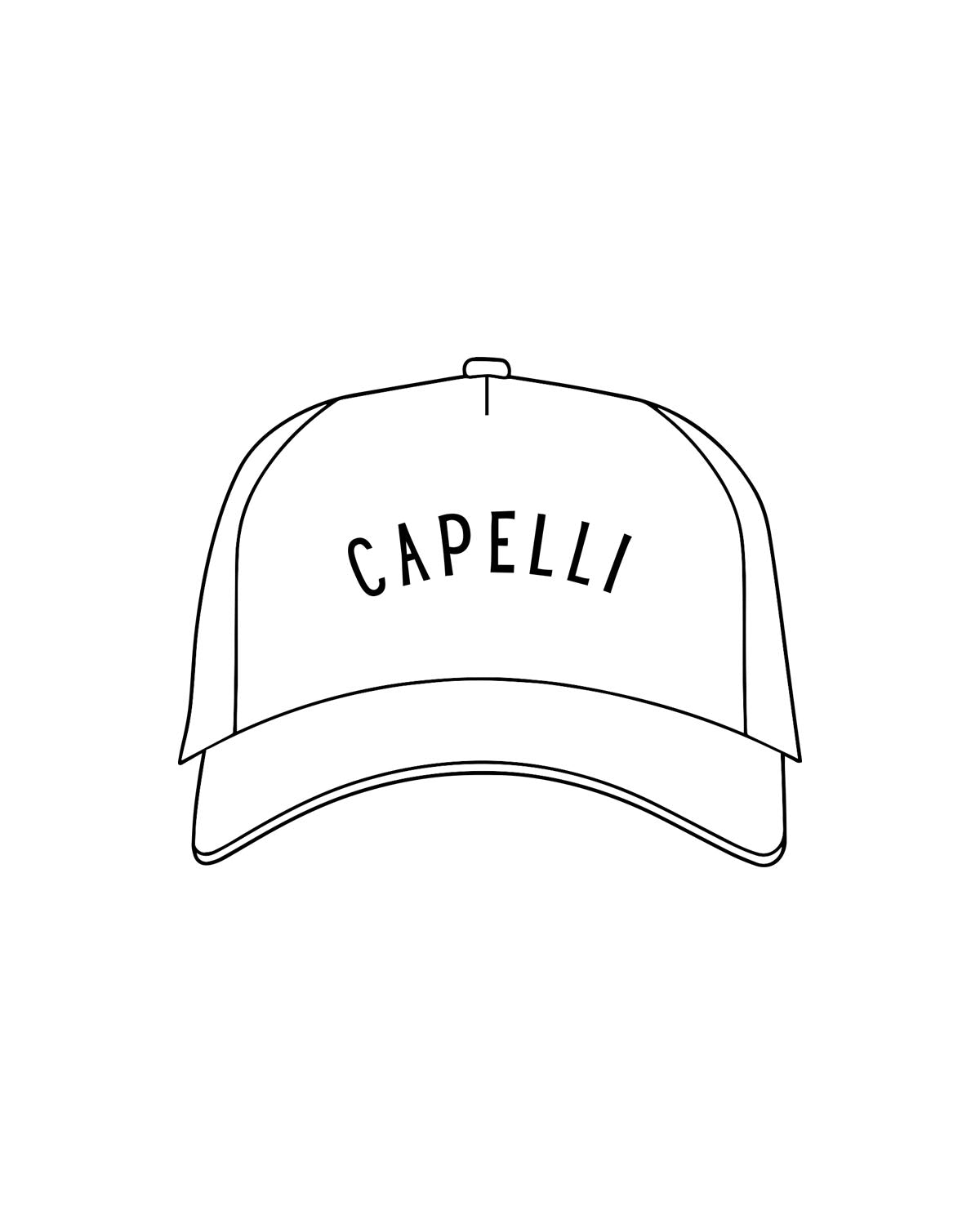 The 5 Panel Trucker Hat - White - Capelli Salon & Spa - "Capelli" - Center Crown - Embroidered - Black