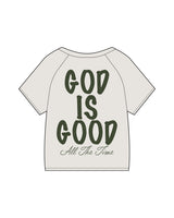 The Kids Heavyweight Tee - Washed Bone - GODSHOUSE - Left Chest "Oval Logo" - Full Back Stacked - Forest Green Printed