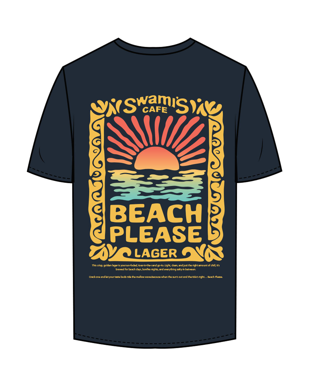 The Mens Tee - Navy - Swamis Endless - Left Chest Stacked & Back "BEACH PLEASE" - Printed - Full Color