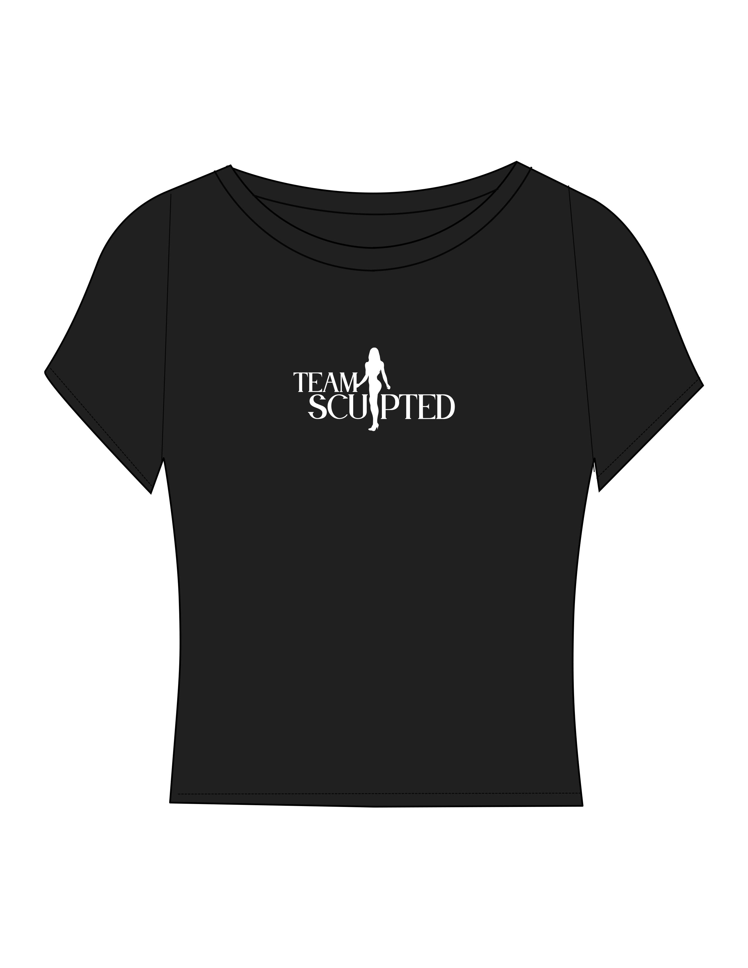 The Sporty Crop Short Sleeve - Black - Team Sculpted - Center Chest Stacked - Printed - White