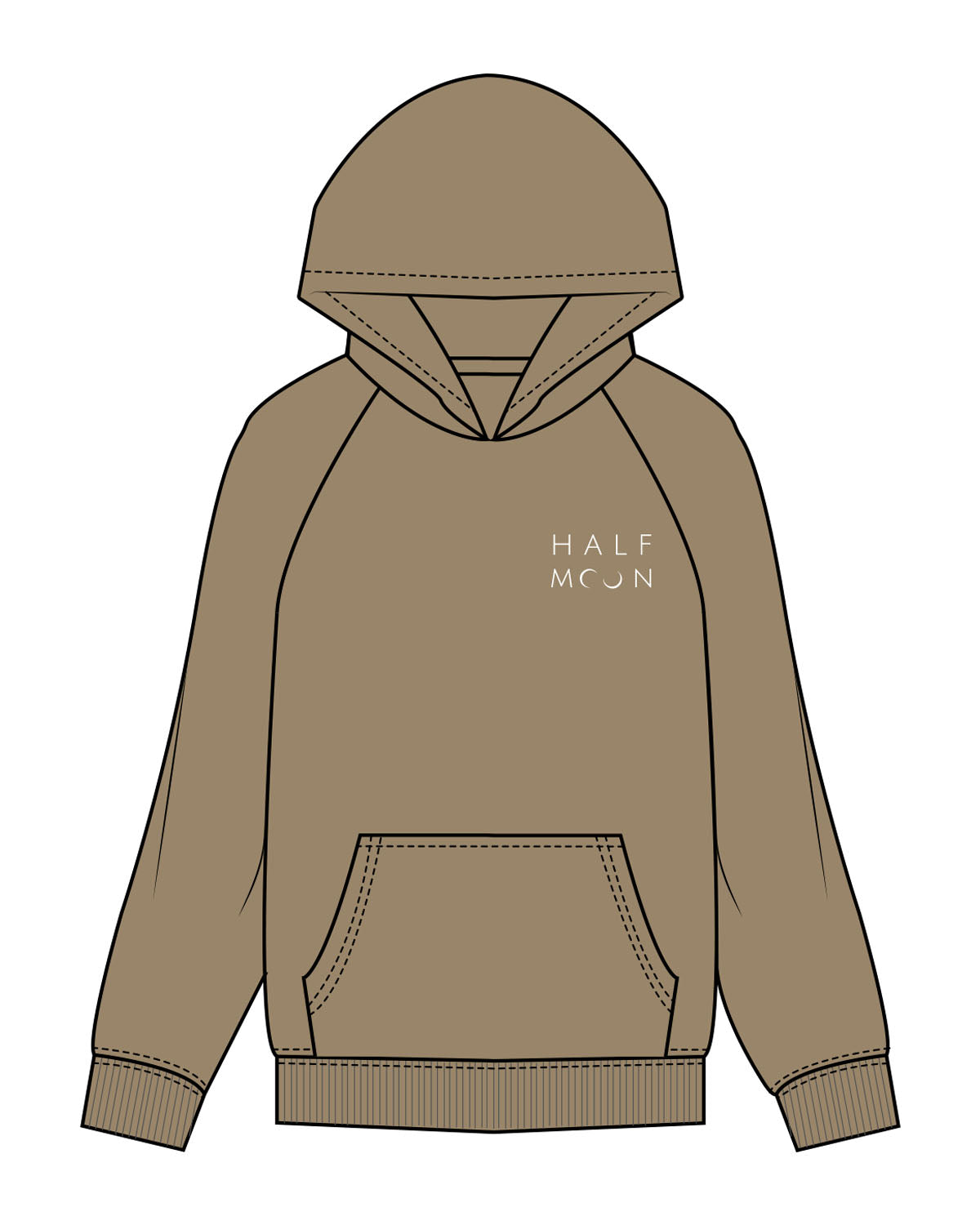 The Mens Hoodie - Sand - Half Moon Yoga - Left Chest Stacked - Printed - White